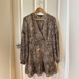 Dynamite Leopard Print Wrap-Style Long Sleeve Dress - Brown & Cream